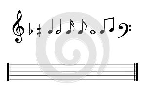 Music notes symbols set, staves and note lines