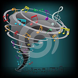 Music notes tornado on the dark background