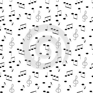 Music notes and treble clef hand drawn seamless pattern in doodle style. scandinavian, monochrome. For the design of wallpaper,