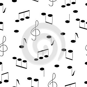 Music notes and treble clef hand drawn seamless pattern in doodle style. , scandinavian, monochrome. For the design of wallpaper,