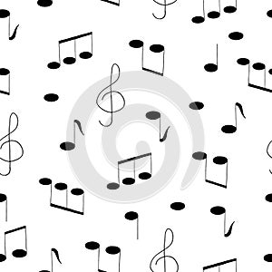 Music notes and treble clef hand drawn seamless pattern in doodle style. vector, scandinavian, monochrome. For the design of