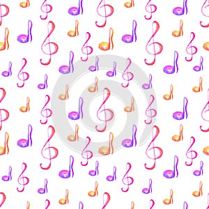 Music notes watercolor pink seamless pattern
