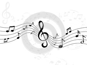 Music notes wave. Curve lines with musical signs. Sound recording stripes. Piano melody signature. Decorative treble clef and