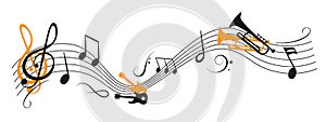 Music notes wave, group musical notes with a musical instrument â€“ vector