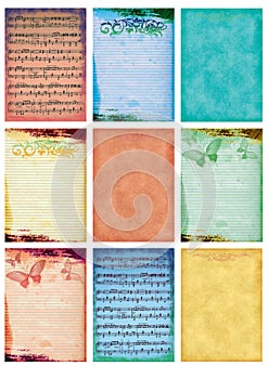 Music and old paper backgrounds vintage collage set of nine cards tags music notes butterfly ornamental ornaments old antique imag