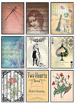 Music and old paper tags vintage collage set of nine cards music notes rose love dragonfly Paris amour floral hearts