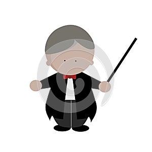 Music orchestra conductor cartoon in tuxedo suit with baton icon vector photo