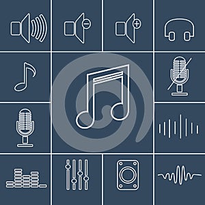 Music outline icons set. Linear vector illustration