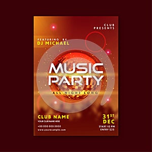 Music Party Flyer Or Invitation Card With Disco Ball, Lights Effect And Event Details