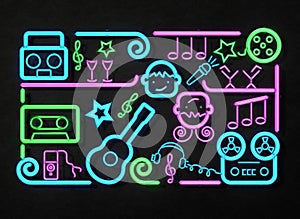 Music party neon sign. Bright signboard, neon light 3D illustration.