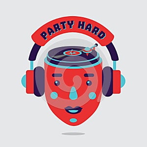 Music party poster with head and turntable. Night club sign. Isolated vector symbol for dance festival.