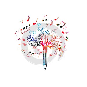 Music pencil tree design. Colorful pencil tree vector illustration with music notes isolated