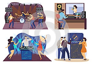 Music people cartoon characters, rock band concert, sound recording studio and karaoke party, vector illustration