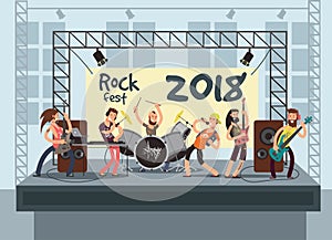 Music performance on stage with young musicians. Rock concert vector background