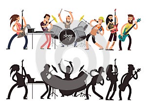 Music performance with young musicians. Rock concert vector flat concept. Set of cartoon characters and musician