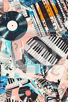 Music. Piano, keys, sheet music and musical notes. Trendy art paper collage design. Poster and backgrounds