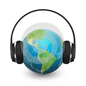 Music planet earth with headphones, vector realistic illustration