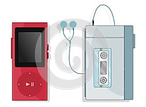 Music player one analog with soft blue colors and the other digital in red