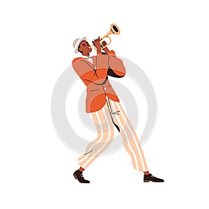 Music player performing jazz, blues. Black man playing trumpet. African-American musician with wind instrument in hands