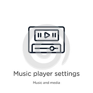 Music player settings icon. Thin linear music player settings outline icon isolated on white background from music and media