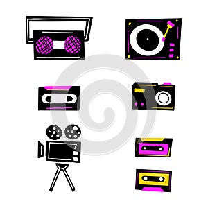 Music player, tape recorder, videotape, movie camera, camera, cassette vector hand drawn illustration