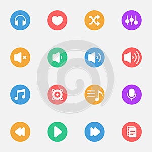 Music and Player vector flat icons on the color substrate set of 16