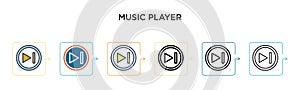 Music player vector icon in 6 different modern styles. Black, two colored music player icons designed in filled, outline, line and
