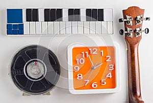 Music playing instrument set practice time. Clock time for Music lesson pratice. photo