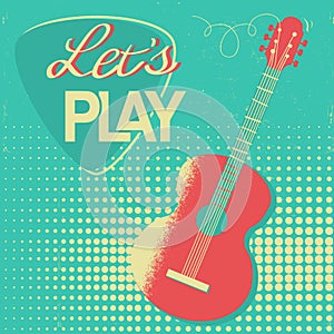 Music poster with acoustic guitar on old retro background for de photo