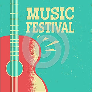 Music poster with acoustic guitar on old retro background with t