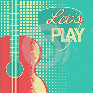 Music poster with acoustic guitar on old retro paper background