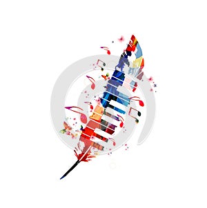 Music poster for composing. Colorful music notes with piano keys and feather isolated vector illustration design