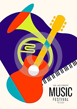 Music poster design template background decorative with guitar, french horn, piano