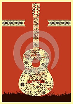 Music poster. Guitar concept made of folk ornament. Vector illustration.