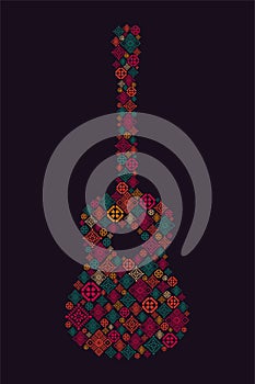 Music poster. Guitar concept made of folk ornament. Vector illustration.