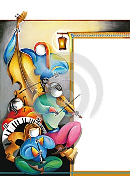 Music poster handrawing illustration with musicians, colourfull