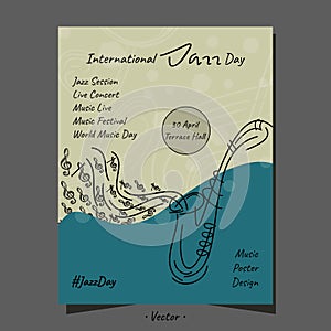 Music poster, international jazz day, world music day with saxophone line art typography design