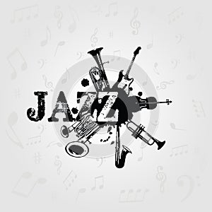 Music poster for jazz festival with music instruments. Black and white euphonium, double bell euphonium, saxophone, trumpet, violo