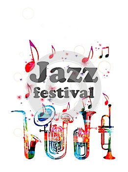 Music poster for jazz festival with music instruments. Colorful euphonium, double bell euphonium, saxophone and trumpet with music