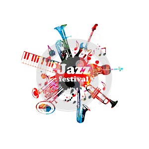 Music poster for jazz festival with music instruments. Colorful euphonium, piano keyboard, double bell euphonium, saxophone, trump