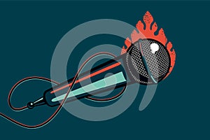 Music poster with microphone and fire. Hip-hop and rock party background with mic. Cartoon vector illustration.