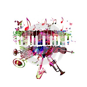 Music poster with music instruments. Colorful piano keyboard, double bell euphonium, saxophone, trumpet, violoncello and guitar wi