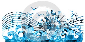 Music poster with musical instruments and notes isolated vector illustration. Artistic background with sea waves and gulls for li