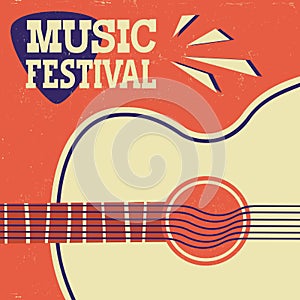 Music poster retro background with acoustic guitar on old paper