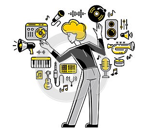 Music producer composing new track vector outline illustration, sound engineer doing his job in recording studio, composer