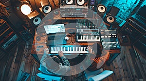 Music Producers Working in a Modern Home Studio. Electronic Music Production, Synthesizers and Sound Equipment. Creative