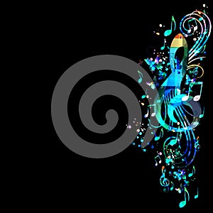 Music promotional poster with G-clef and musical notes vector illustration. Artistic abstract background with musical notes for li