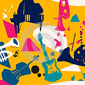 Music promotional poster with musical instruments colorful vector illustration. Piano, cello, trumpet, guitar, French horn, euphon