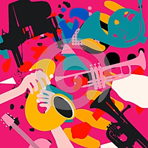 Music promotional poster with musical instruments colorful vector illustration. Piano, sax, trumpet, guitar, French horn, euphoniu