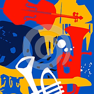 Music promotional poster with musical instruments colorful vector illustration. Violoncello, piano, euphonium, trumpet, guitar for